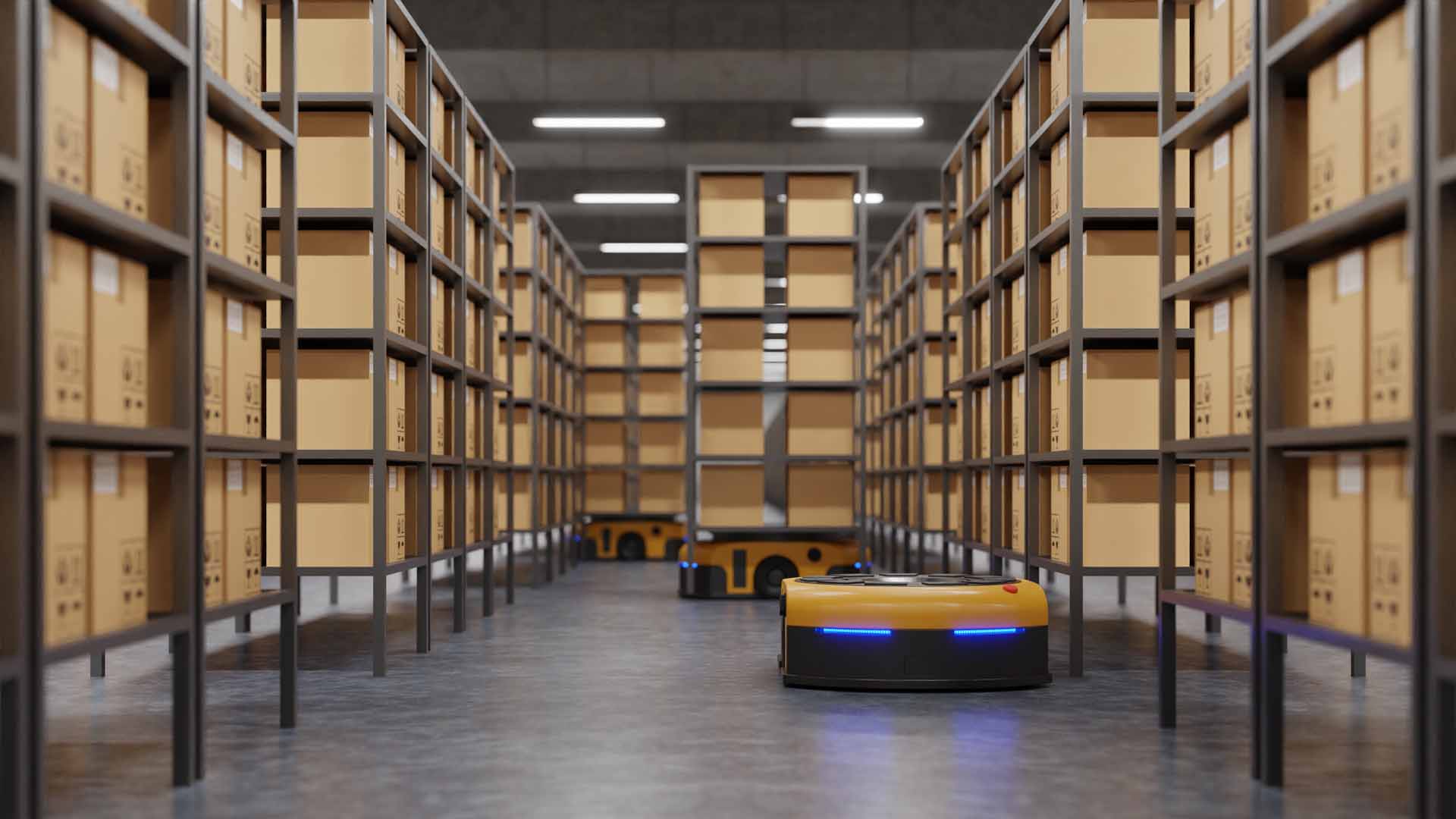 Warehouse in logistic center with Automated guided vehicle Is a delivery vehicle.3D Rendering